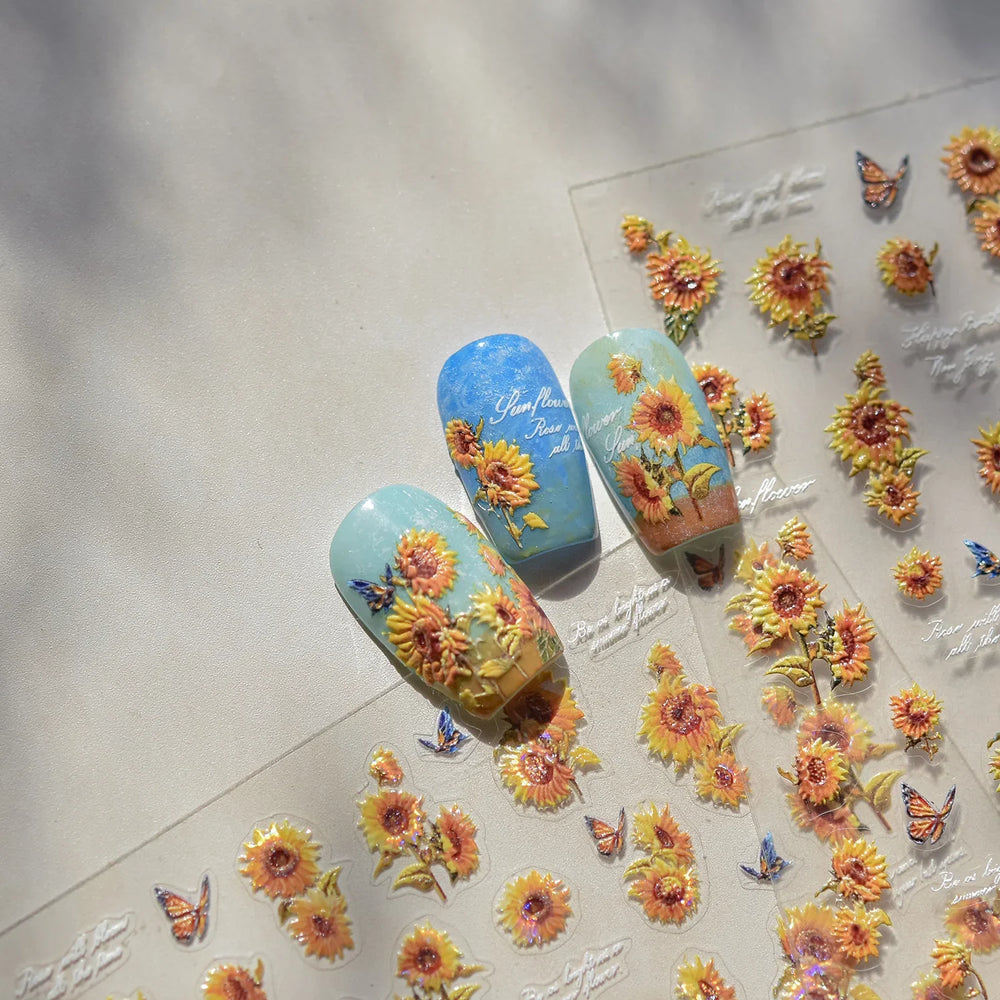 Embossed Shiny Vigor Sunflower Turnsole Vitality Butterfly Daisy Oil Painting Plant 5D Adhesive Nail Art Sticker Manicure Decals (ONLINE ORDER ONLY)