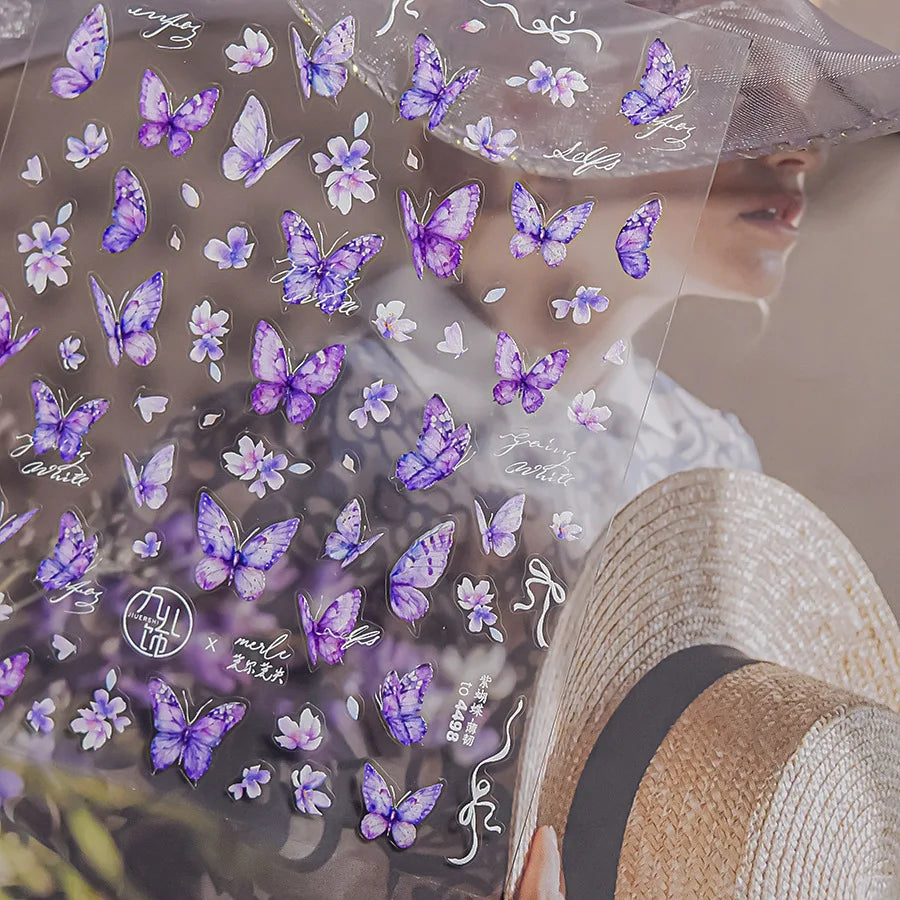 Delicate Tender Purple Butterfly Seal Pattern Insect Shiny Golden Stroke Nail Art Decoration Sticker Dressy Laser Manicure Decal (ONLINE ORDER ONLY)
