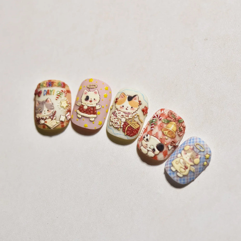 Cat Kitten Star Tree Bell Angel Bowknot Snowman Envelope Pinecone Bone Adhesive Nail Art Stickers Cup Rhinestone Manicure Decals (ONLINE ORDER ONLY)