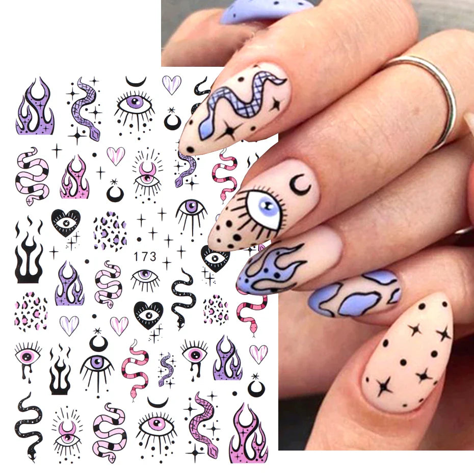 3D Purple Blue Evil Eyes Nail Stickers Snake Moon Star Line Sliders For Nails Design Summer Decor Flame Decals Manicure (ONLINE ORDER ONLY)