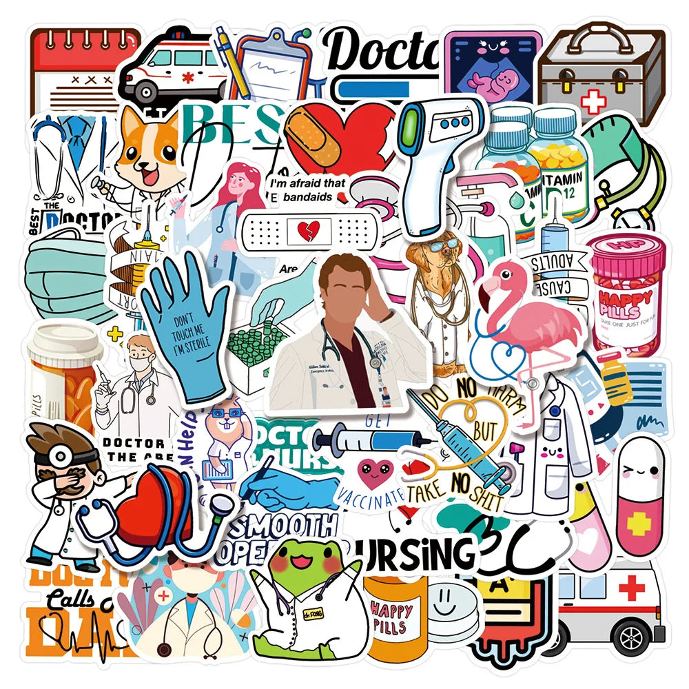 50pcs Cartoon Doctor Medical Stickers for Helmet Wall DIY Decoration (Online Order Only)