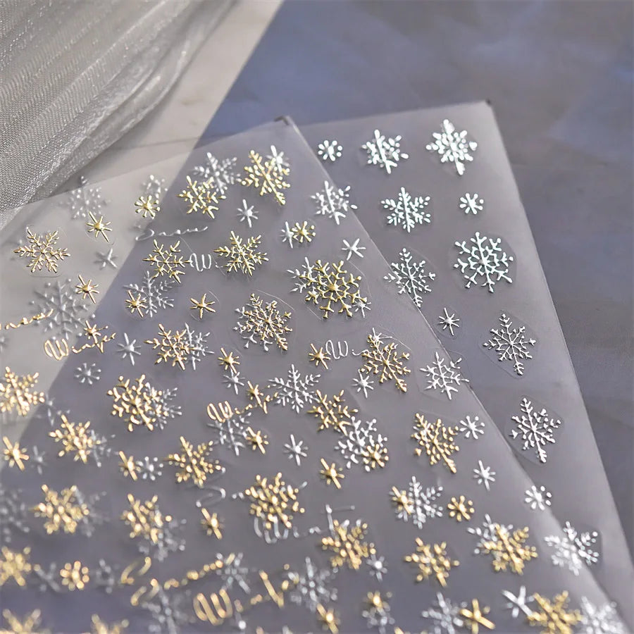 Hot Stamping Romantic White Gold Snowflakes Hexagon Winter 3D Self Adhesive Nail Art Stickers Shiny Rhinestone Manicure Decals (Online Order Only)