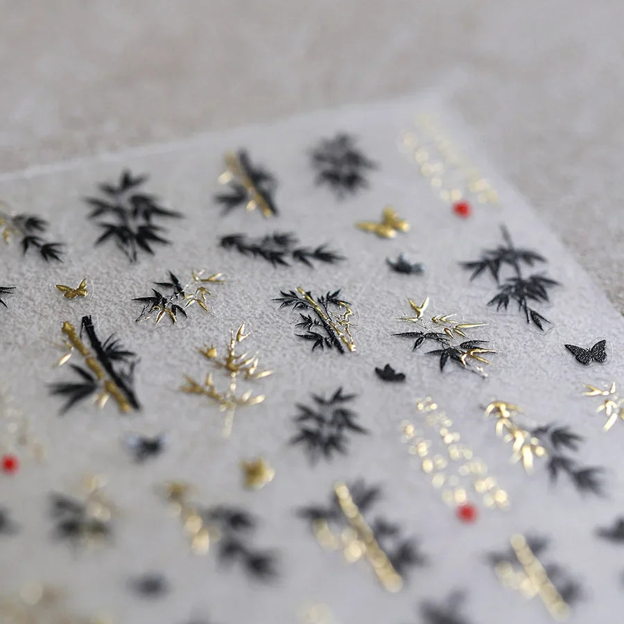 Antique Bamboo Leaf Hot Stamping Plant Botany Calligraphy Characters Self Adhesive Nail Art Stickers Rhinestone Manicure Decals (ONLINE ORDER ONLY)