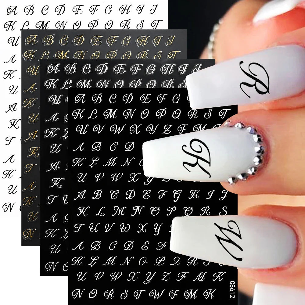 4pcs Roman Letter Design Nail Stickers Golden/Silvery/Black/White Alphabet Design Self Adhesive Decal English Words DIY Manicure (Online Order Only)