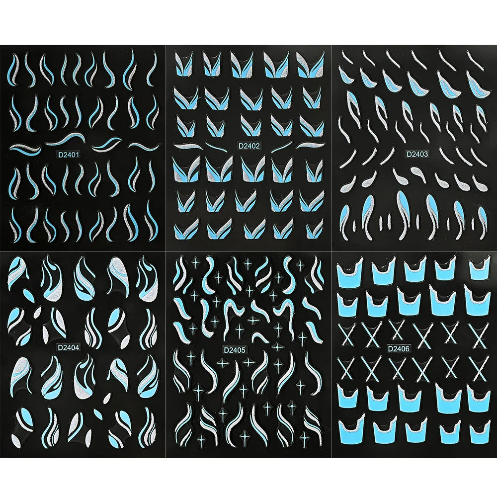 6pcs/Set Blue Gold Glitter French Design 5D Nail Stickers Curve Lines Swirls Wave Nail Sliders Reflective Flakes Decals Manicure (ONLINE ORDER ONLY)