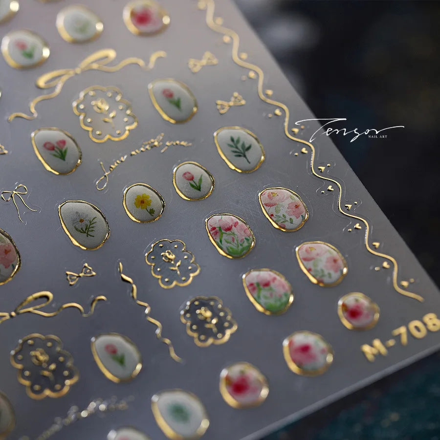 Hot Stamping Jelly All Tulips Garden Flower Bowknot Wave Lace Line Golden and Radiant Adhesive Nail Art Stickers Manicure Decals (ONLINE ORDER ONLY)