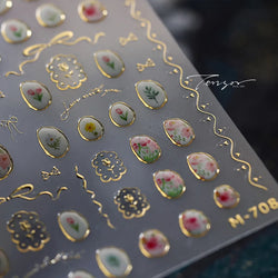 Hot Stamping Jelly All Tulips Garden Flower Bowknot Wave Lace Line Golden and Radiant Adhesive Nail Art Stickers Manicure Decals (ONLINE ORDER ONLY)