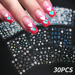 30Pcs Laser Silver/White Flowers Hearts Nail Sticker Star/Moon Mixed Shapes Design Self-adhesive Sticker Acrylic Manicure Access (Online Order Only)