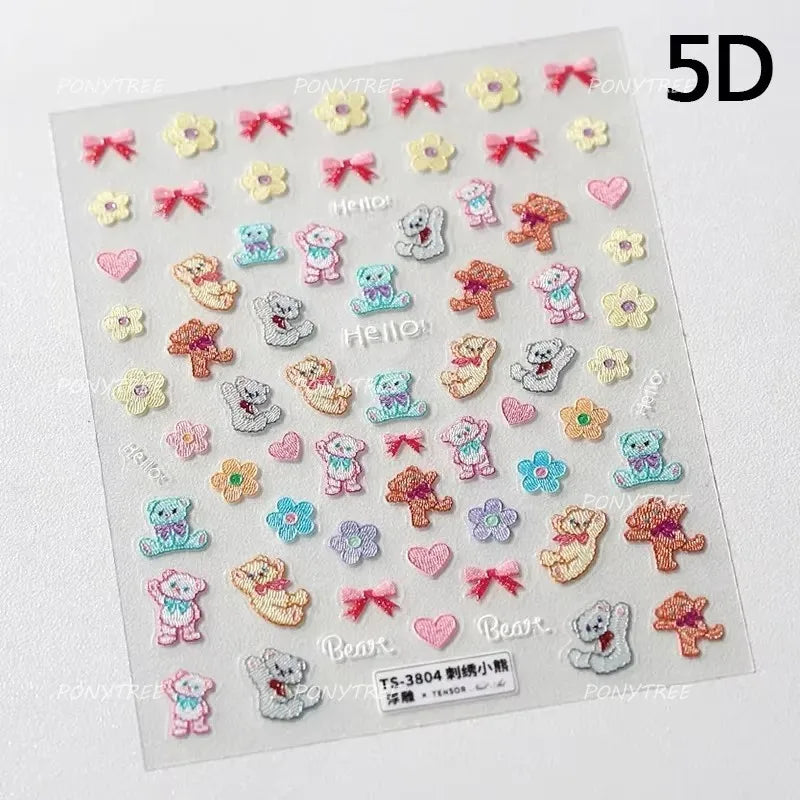 Cute Bear Teddy Birthday Party Maillard Bear Cake Flower Bouquet Lucky Love Heart 5D Adhesive Nail Art Sticker Manicure Decals (Online Order Only)