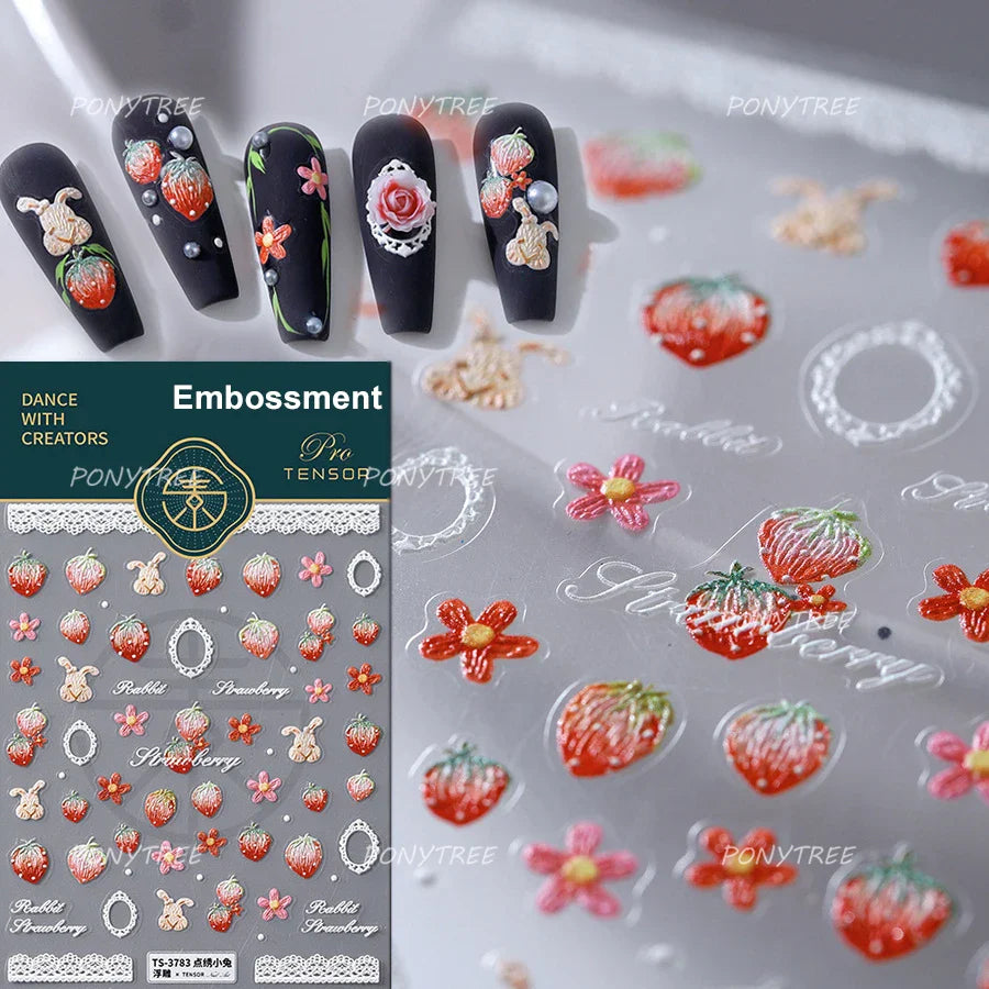 Cute Pink Strawberry Bowknot Star Lesbian Ribbon Fluttering Fruit Rhinestone Relief Adhesive Nail Art Stickers Manicure Decals (ONLINE ORDER ONLY)