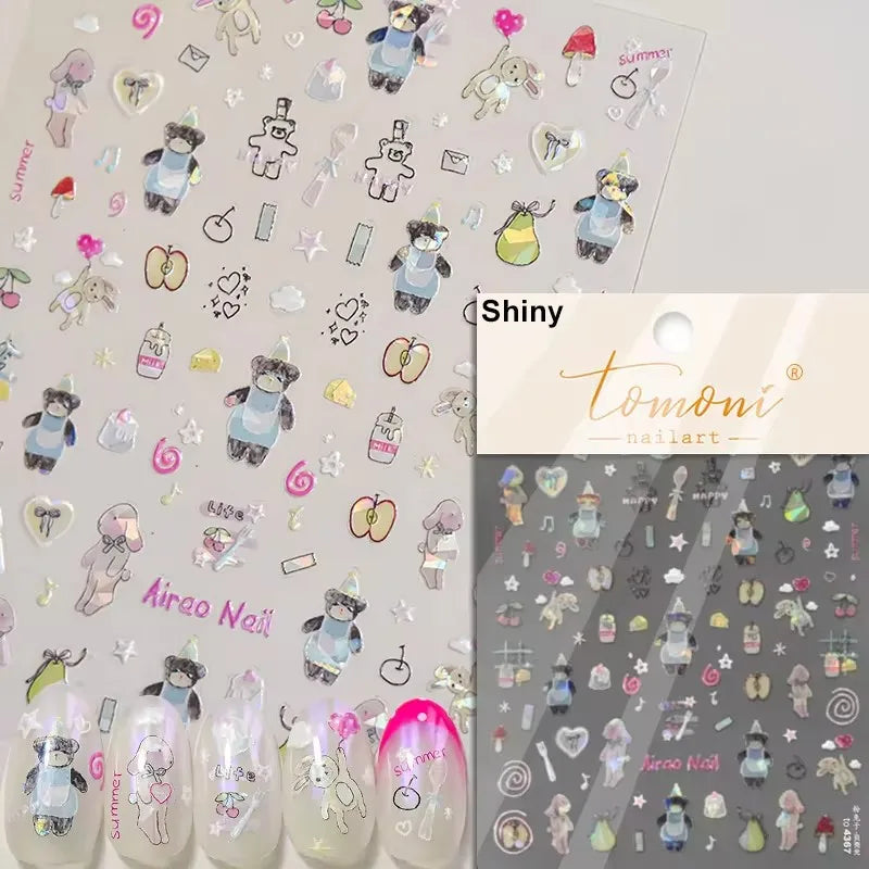 Pink Running Rabbit Bowknot Wreath Bunny Flower Tie Totem Pattern Self Adhesive Nail Art Sticker Pearl Rhinestone Manicure Decal (Online Order Only)