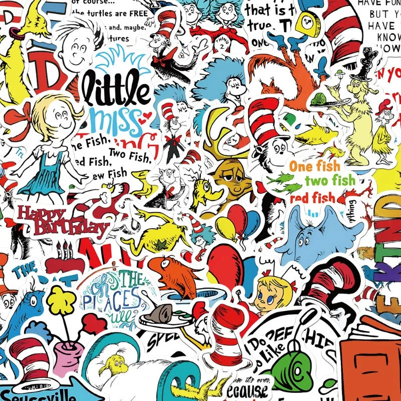 50pcs Doctor Seuss Cartoon Stickers for Luggage, Water Bottles, Phones, Laptops, Scooters, Refrigerators (Online Order Only)