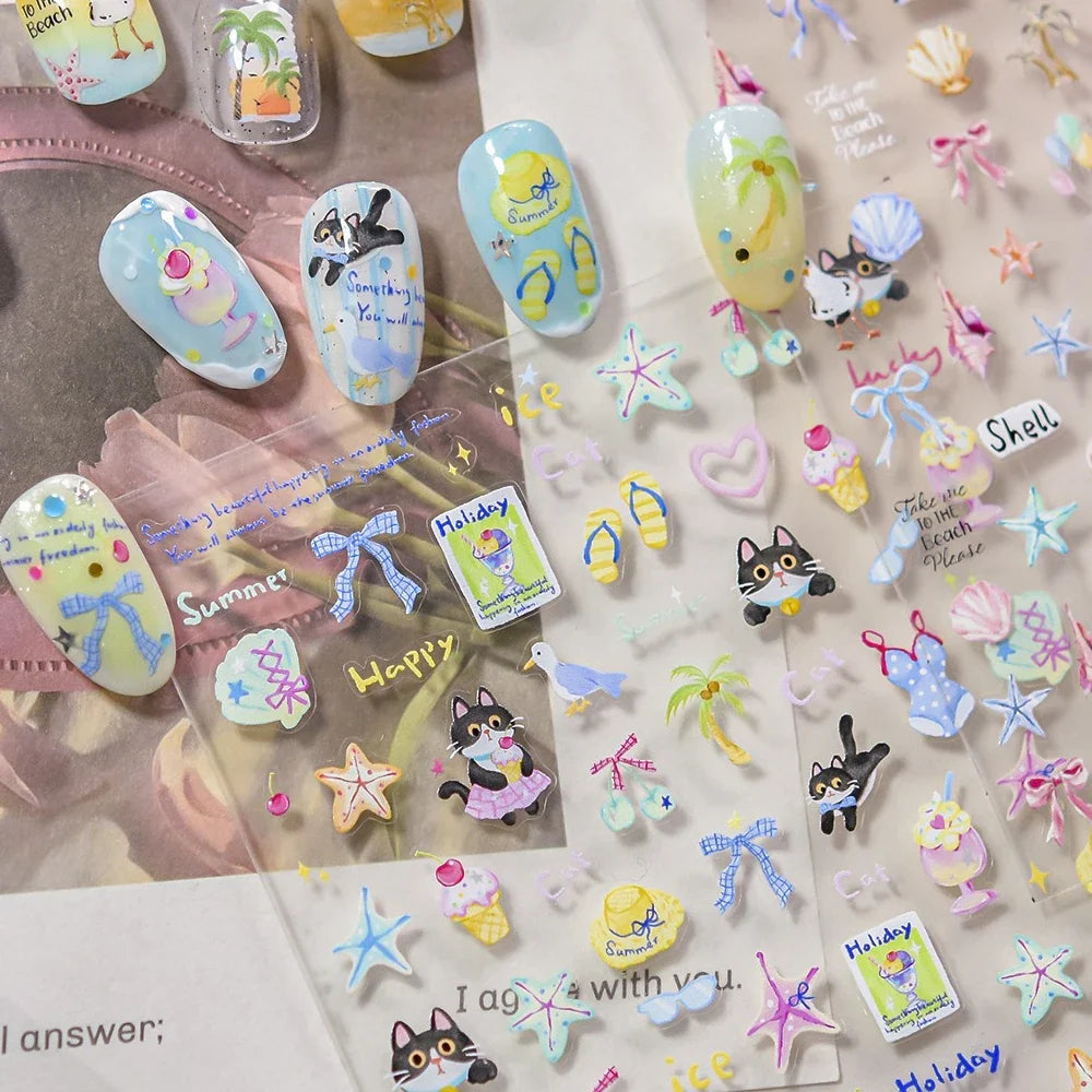 Summer Beach Bikini Watermelon Hat Sandals Ice Cream Shell Conch Starfish Cat Duck Nail Art Decoration Stickers Manicure Decals (ONLINE ORDER ONLY)