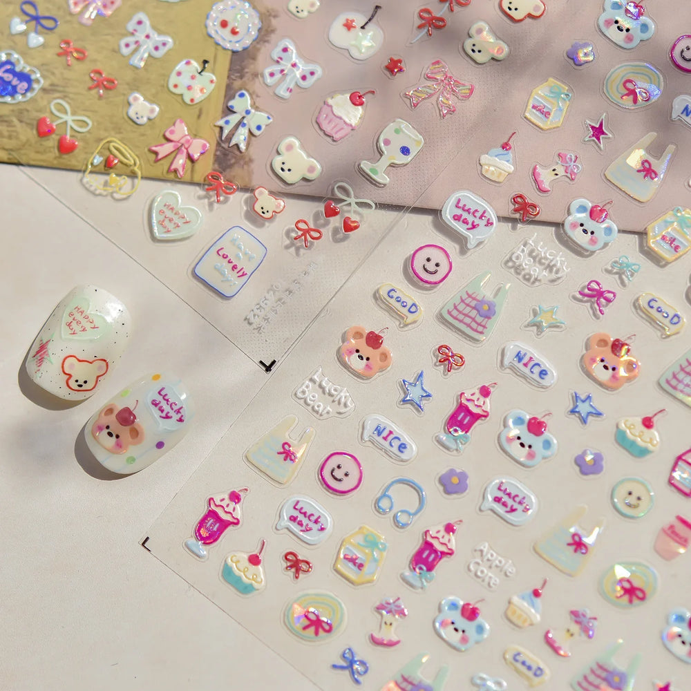 Cute Lucky Bear Apple Core Star Bowknot Flower Delicious Cookies Cherry Cake Dessert Milk Vase Adhesive Nail Art Stickers Decals (ONLINE ORDER ONLY)
