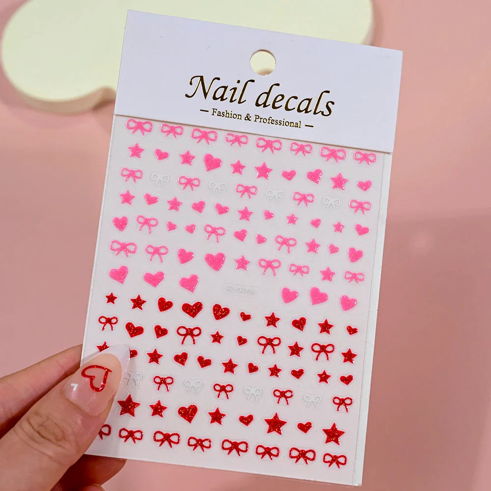 1Pc Red Pink White Heart Bow Nail Art Stickers with Glitter Sequins 5D Self Adhesive Nail Decorations Slider Decals DIY Manicure (ONLINE ORDER ONLY)