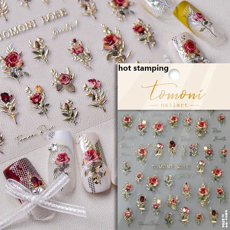 Romantic Candle Holder Lace Rambler Rose Pink Flower Bowknot Candlestick Ribbon Adhesive Nail Art Stickers Shiny Manicure Decals (ONLINE ORDER ONLY)