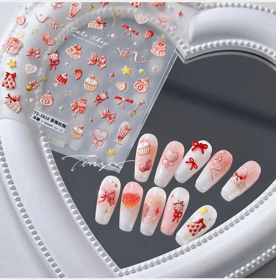 Chic Cute Cheese Ice Cream Pudding Bowknot Strawberry Muffin Stars Cake Embossed Heart Adhesive Nail Art Sticker Manicure Decals (ONLINE ORDER ONLY)