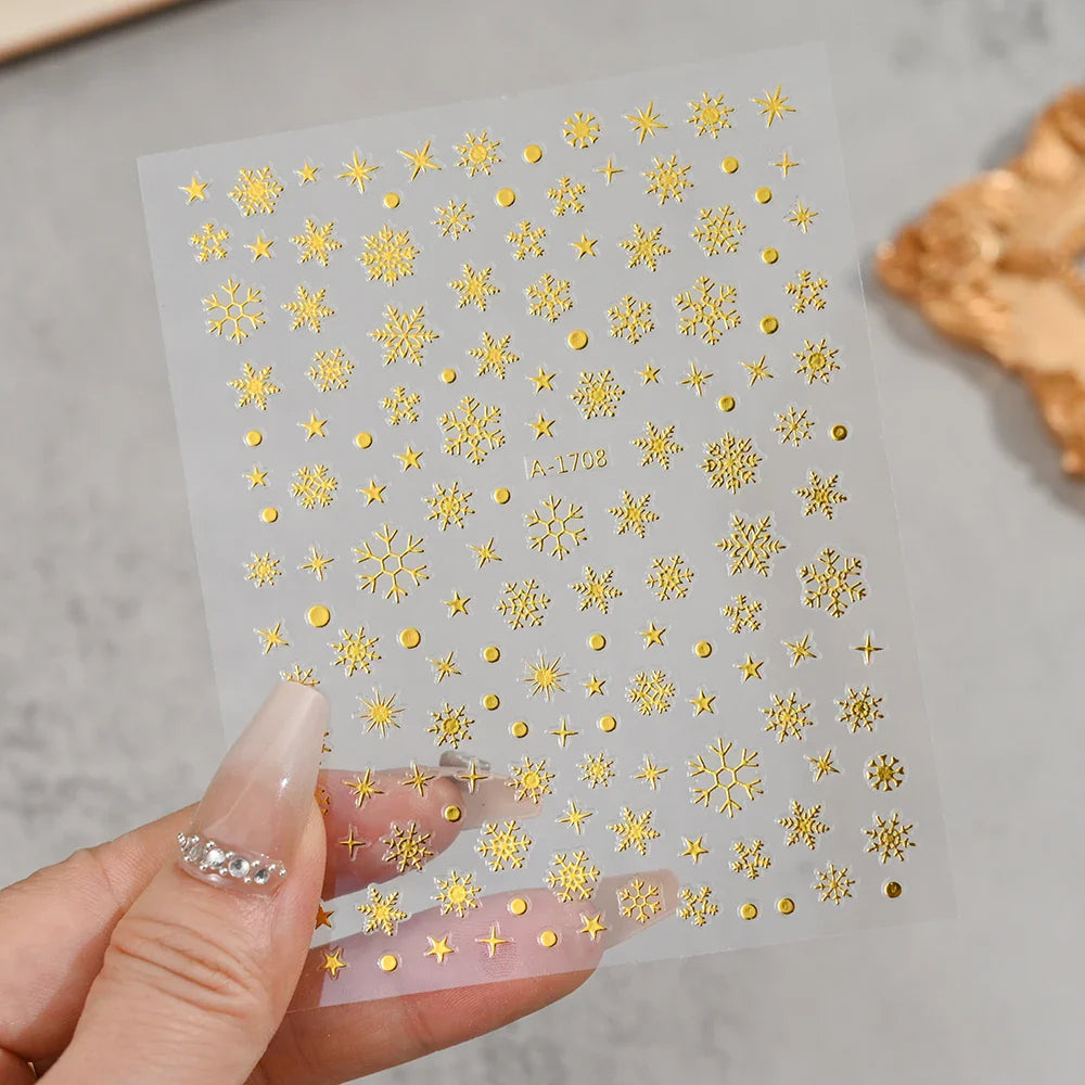 3D Gold Glitter Snowflake Nail Sticker Winter Reflective Elk Star Balloon Christmas Tree Foil Xmas New Year Decal Tips Decoratio (ONLINE ORDER ONLY)