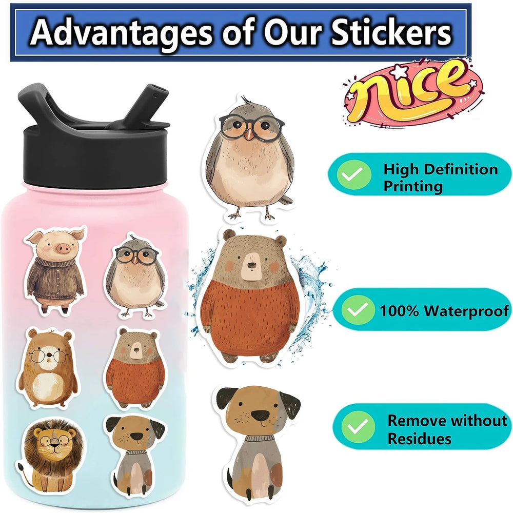 50PCS Funny Cute Animals Stickers For Cup Stationery Guitar Phone Bicycle Laptop Luggage Car Graffiti Kids Toys Cartoon Decals (ONLINE ORDER ONLY)