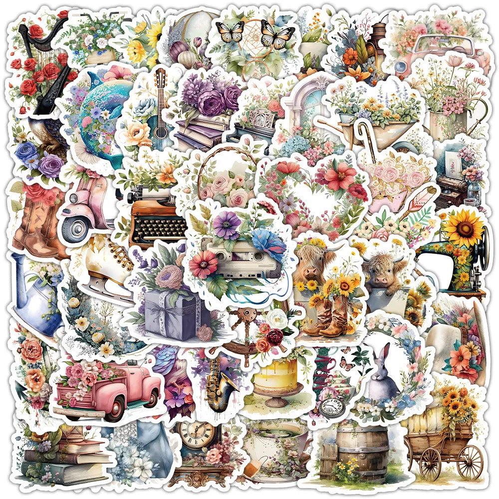 10/50pcs Cute Retro Flowers World Cartoon Stickers Aesthetic Graffiti Decals Bottle Laptop Notebook Phone Decoration Sticker Toy (Online Order Only)