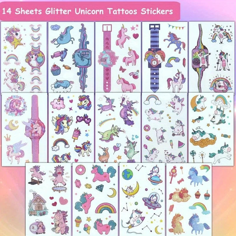 14 Sheets Glittering Unicorn Tattoo Stickers for Personalized Decoration, Temporary Tattoos for Children Kids (Online Order Only)