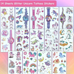 14 Sheets Glittering Unicorn Tattoo Stickers for Personalized Decoration, Temporary Tattoos for Children Kids (Online Order Only)