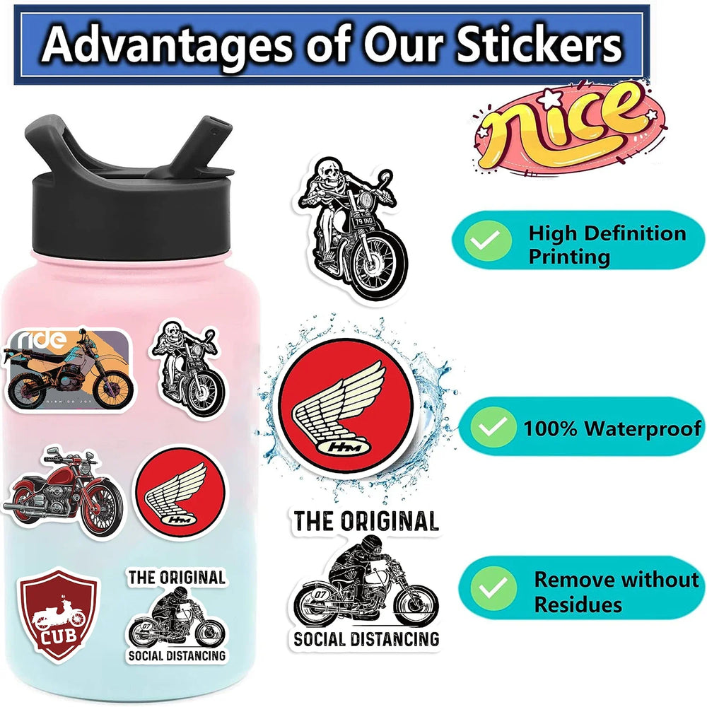 50Pcs Fashion Vintage Motorcycle Stickers Retro Aesthetic Bike Phone Car Skateboard Laptop Sticker Decal Classic Kids Toy (ONLINE ORDER ONLY)