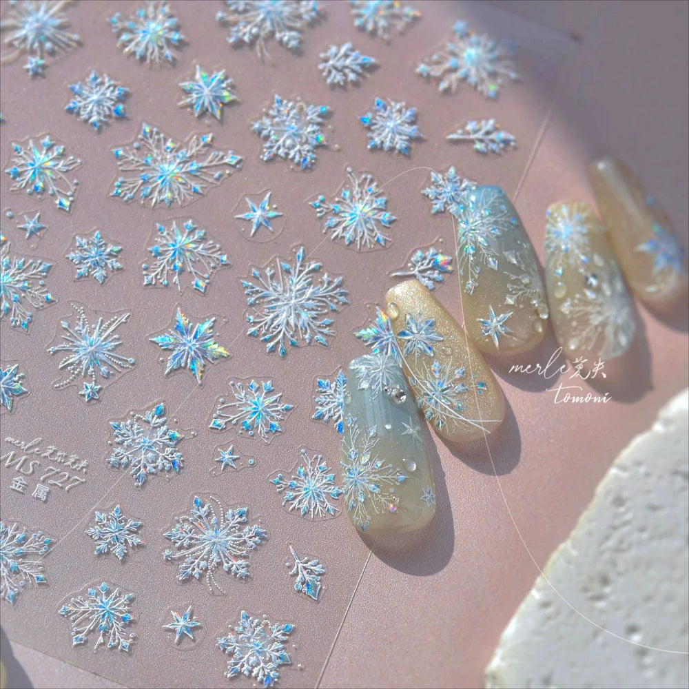 Flying Snowflakes Cold Winter Geometric Hexagon Star Romantic Adhesive Nail Art Stickers Embossment Rhinestone Manicure Decals (ONLINE ORDER ONLY)