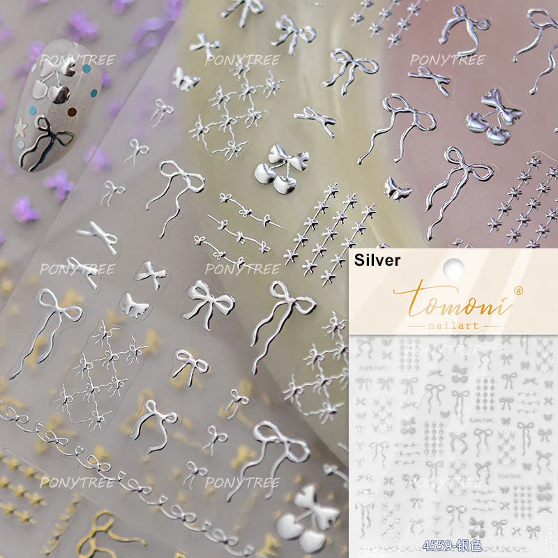 Purple Gold Silver Bowknot Cherry Fruit Cute Ribbon Tie Line Delicate 3D Adhesive Nail Art Stickers Manicure Decals Wholesale (Online Order Only)