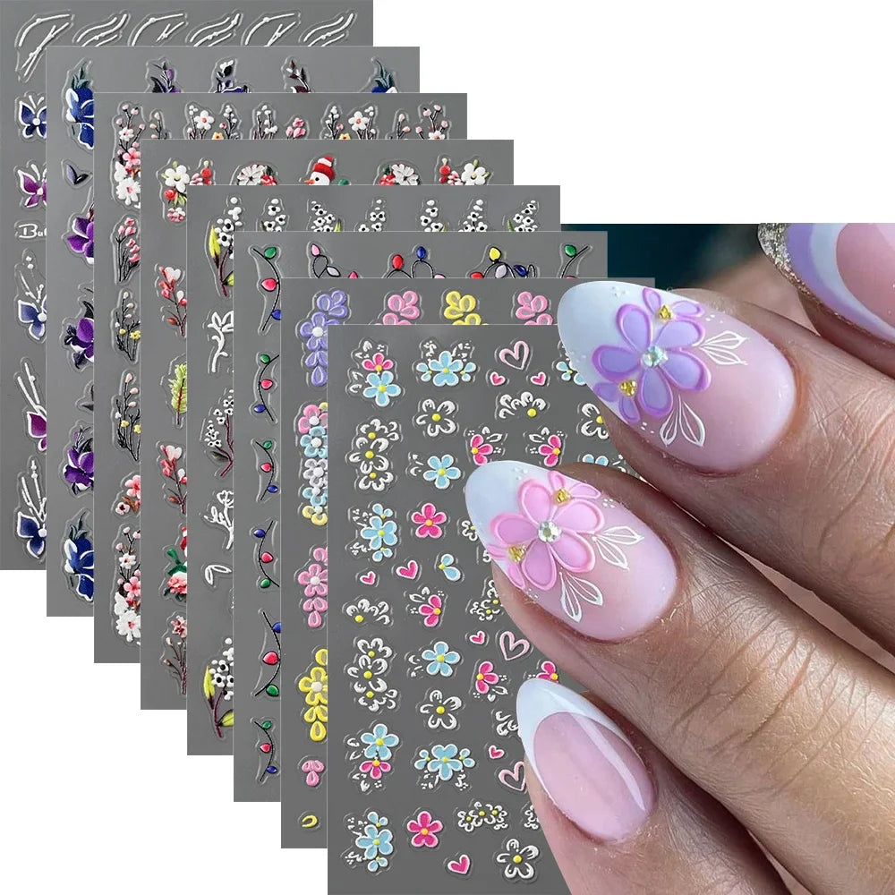 Painting Purple Flower Nail Sticker Daisy Wildflowers Butterfly Gradient Design Decal Geometry Line Charm Foils Manicure Sliders (ONLINE ORDER ONLY)
