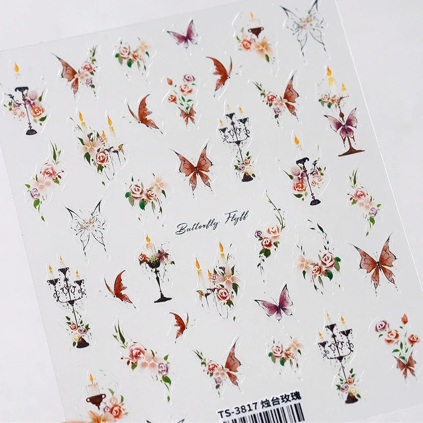 Charming Butterfly Candle Holder Candlestick Chic Rose Flower Romantic Self Adhesive Nail Art Stickers Rhinestone Manicure Decal (ONLINE ORDER ONLY)