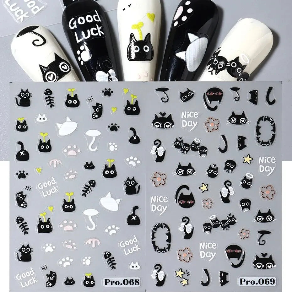 Black Cat Nail Stickers 3D Cartoon Self-Adhesive Nail Art Decals Manicure Accessories (ONLINE ORDER ONLY)