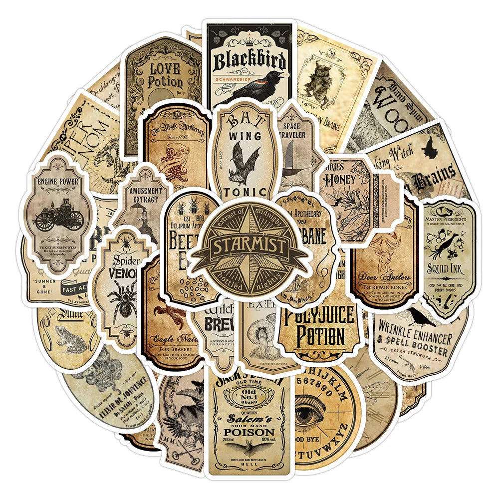 10/30/50pcs Vintage Potion Label Halloween Waterproof Stickers Retro Horror Gothic Witch Decals Skateboard Laptop Car Sticker (Online Order Only)