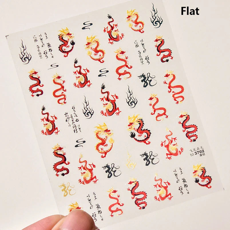Retro Embroidered Dragon Red Pink Blue White Porcelain Chinese 3D Embossed Relief Self Adhesive Nail Art Stickers Manicure Decal (ONLINE ORDER ONLY)