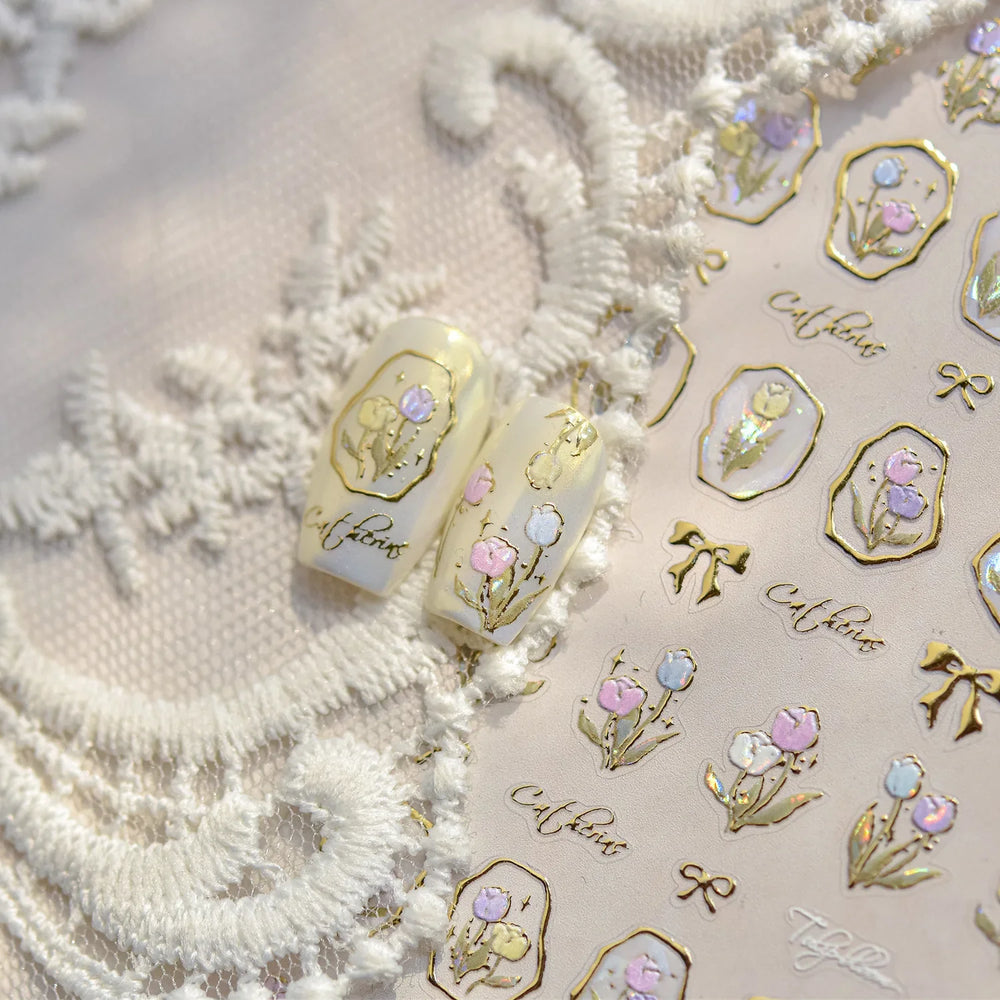 Golden Border Tulip Bloom Flower Bowknot Geometric Frame Metal Workmanship Charming Adhesive Nail Art Sticker Manicure Decals (ONLINE ORDER ONLY)