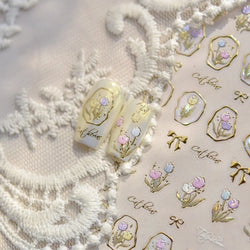 Golden Border Tulip Bloom Flower Bowknot Geometric Frame Metal Workmanship Charming Adhesive Nail Art Sticker Manicure Decals (ONLINE ORDER ONLY)