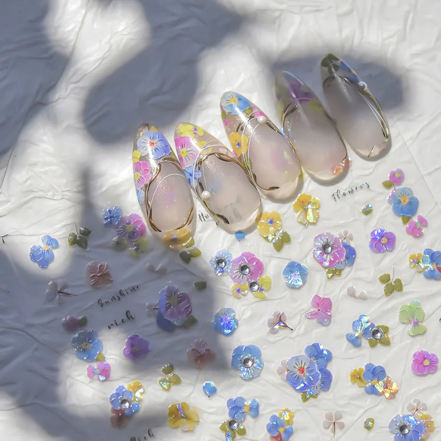 Colorful Embroidery Peony Pearl Full-blown Flower Rhinestone Chinese Luxury Relief Self Adhesive Nail Art Sticker Manicure Decal (Online Order Only)
