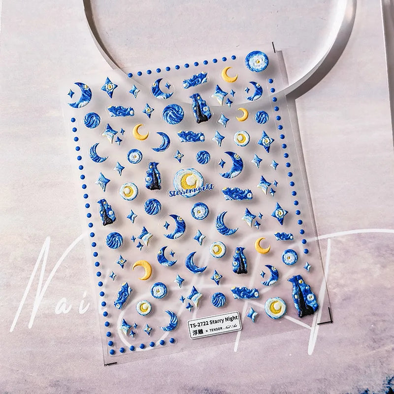 Starlit Sky Star Moon Oil Painting Colour Abstract Planet High Saturation Self Adhesive Nail Art Stickers Dreamy Manicure Decals (ONLINE ORDER ONLY)