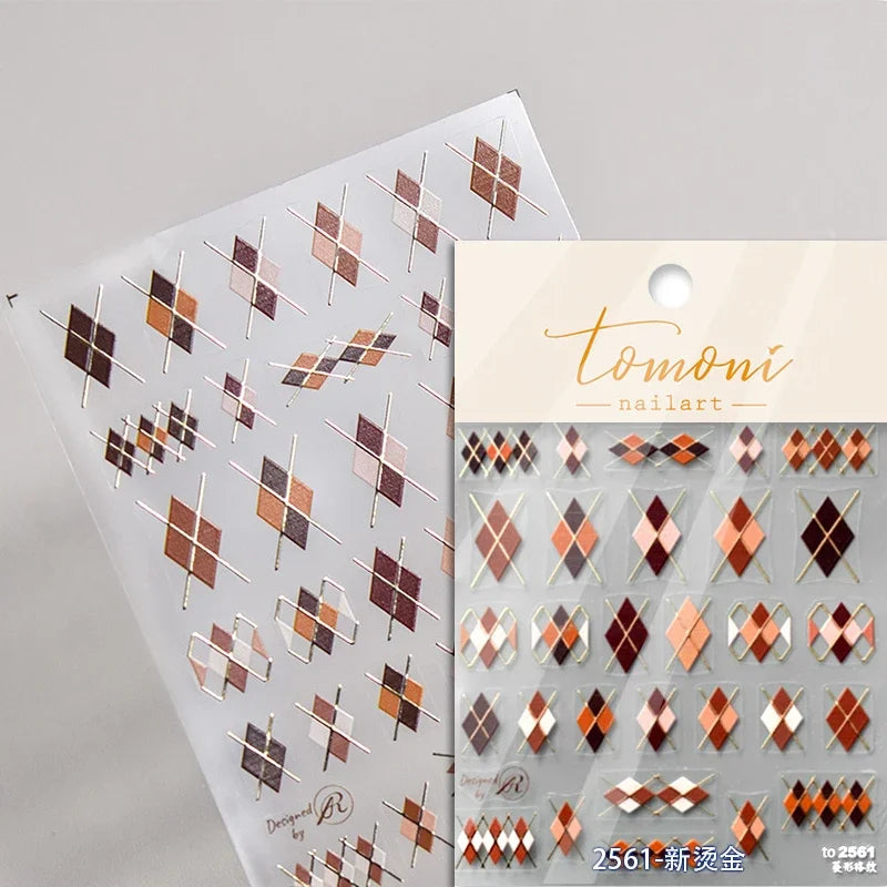 French Style Colorful Square Grid Rhombus Stripe Bowknot Line 3D Self Adhesive Nail Art Stickers Shiny Rhinestone Manicure Decal (Online Order Only)