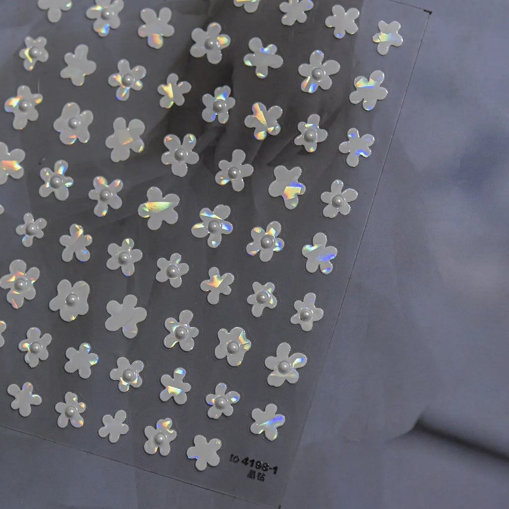 Hot Stamping Laser Silver Pink White Flower Rhinestone Pearl Irregular Petal Adhesive Nail Art Decoration Sticker Manicure Decal (ONLINE ORDER ONLY)