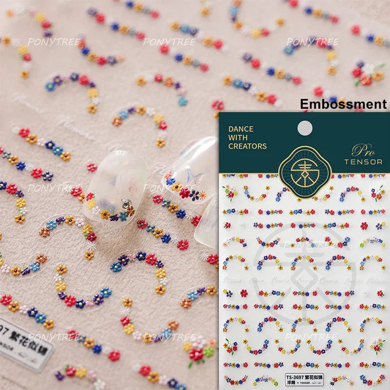 Mini Colourful Flower Black Yellow Petal Wreath 5D Chic Embossed Reliefs Delicate Self Adhesive Nail Art Stickers Manicure Decal (Online Order Only)