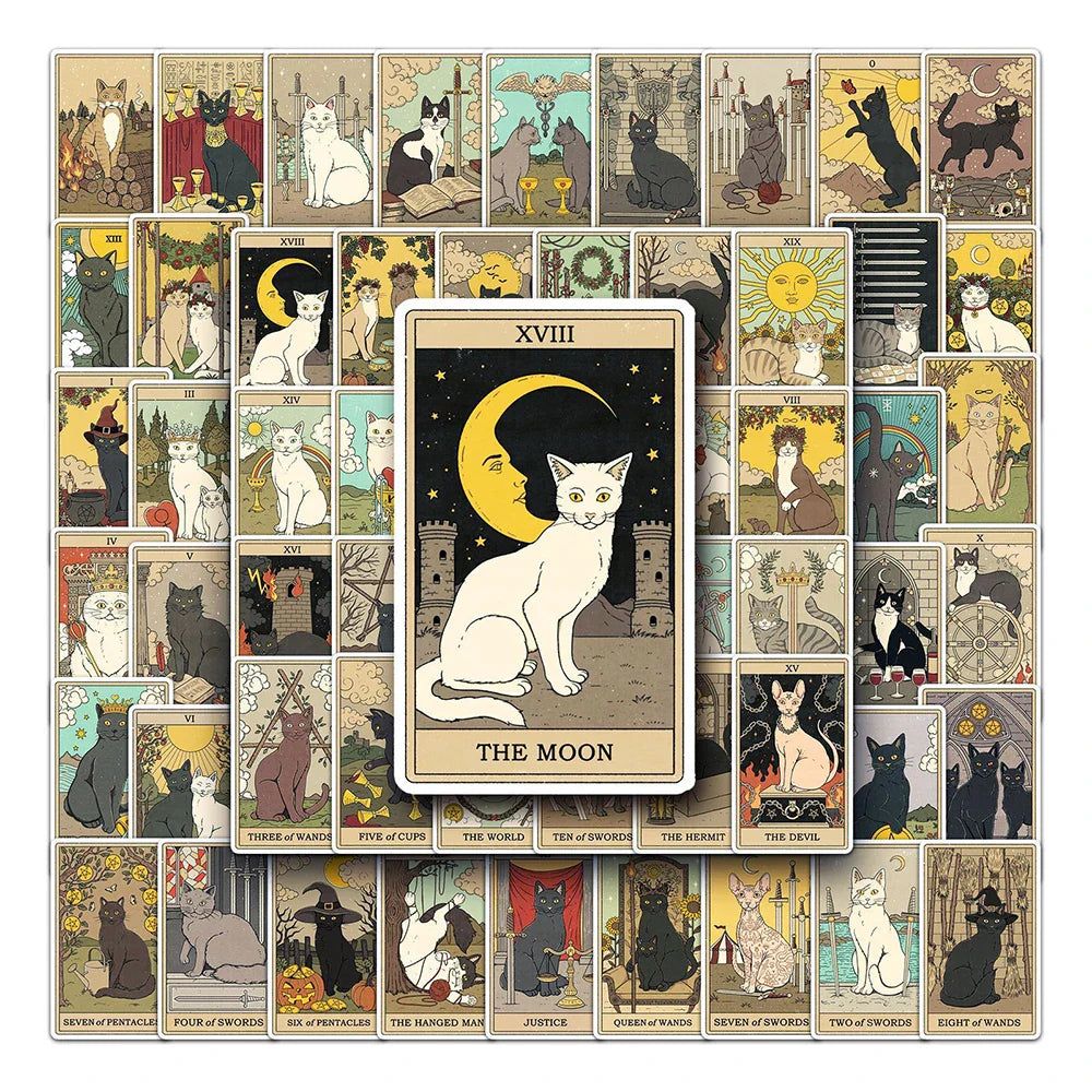 Tarot Cat Stickers: 10/30/62pcs Mystery Divination Decals for Laptop, Bike, Phone, Car (Online Order Only)