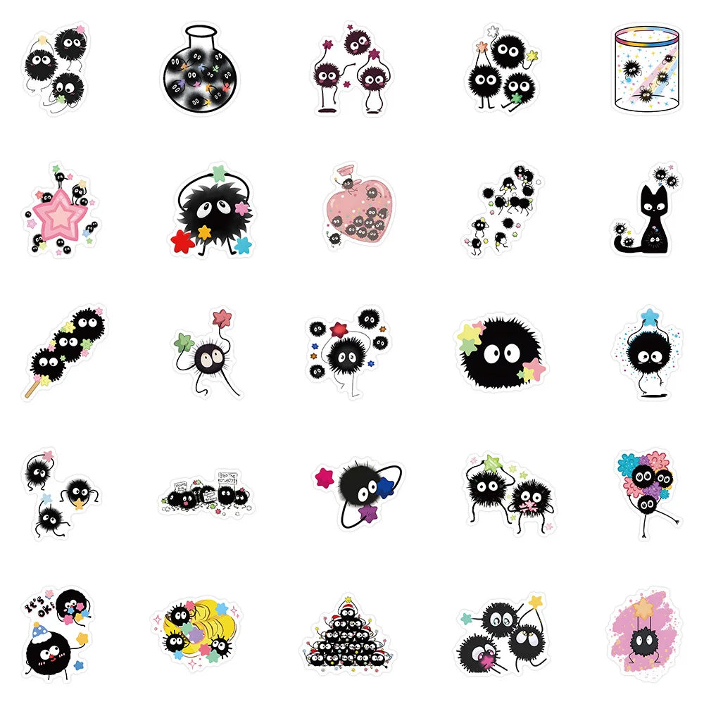 10/30/50PCS Soot Sprites Stickers Cute Elf Cartoon Sticker DIY Decoration Luggage Laptop Phone Guitar Car Bike Sticker Kids Toys (Online Order Only)