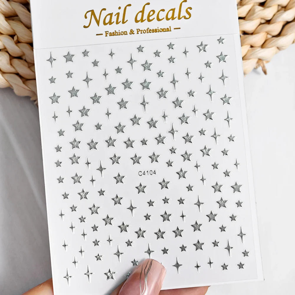 1 Sheet Star Nail Art Stickers 3d Self Adhesive Nail Decals Black White Golden Silver Color Star Design Nail Supplies Accessory (ONLINE ORDER ONLY)