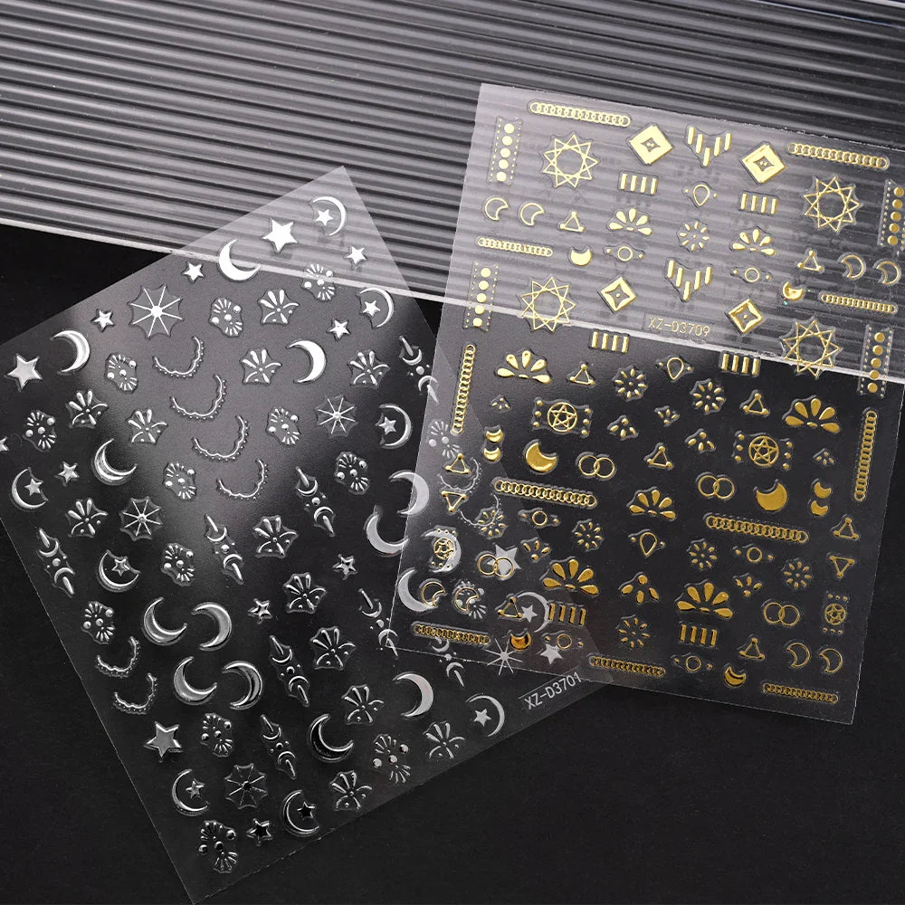 1pc 3D Gradient French Nail Stickers with Crown & Tassel Design Gold Silver Lines Self-Adhesive Nail Art Waterfall Manicure Foil (Online Order Only)