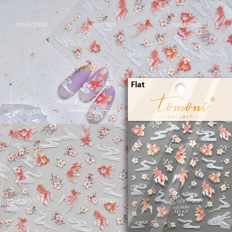 Lotus Leaf Brocaded Carp Koi Playing Goldfish Cavort Ripple Droplet Water Bubbles Self Adhesive Nail Art Stickers Manicure Decal (Online Order Only)