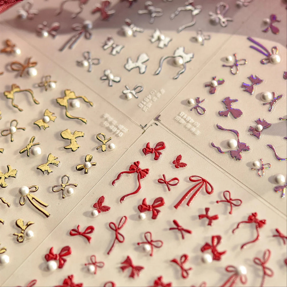 Simple Line Bowknot Red Gold Silver Laser Pink Hot Stamping 3D Self Adhesive Nail Art Stickers Pearl Rhinestone Manicure Decals (ONLINE ORDER ONLY)