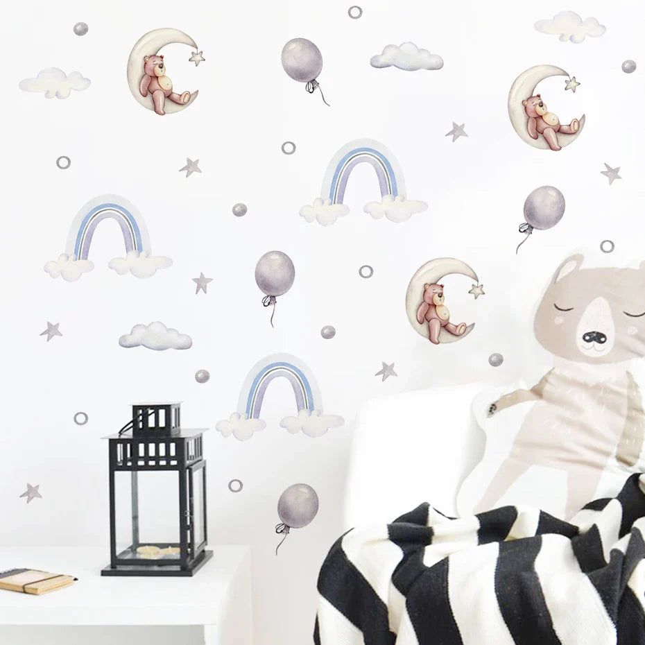 Cute Sleeping Bear Rainbow Clouds Star Nursery Wall Decals Stickers Kids Room Decor (ONLINE ORDER ONLY)
