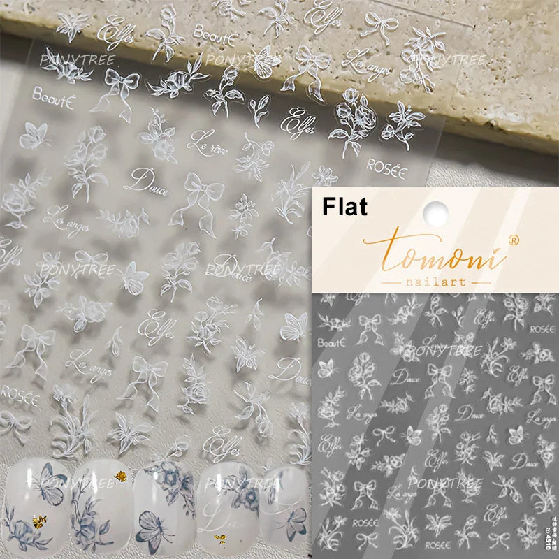 Wet Garden White Flower Leaves Elegant Beautiful Petal Delicate 5D 3D Charming Spring Adhesive Nail Art Stickers Manicure Decals (ONLINE ORDER ONLY)