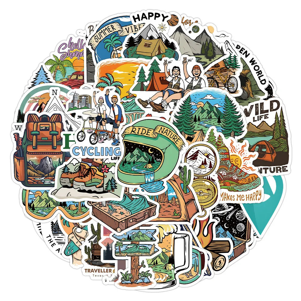 10/30/50pcs Camping Hiking Stickers Outdoor Travel Stickers Waterproof Cars Skateboard Motorcycle Bike Cartoon Sticker Kids Toy (ONLINE ORDER ONLY)